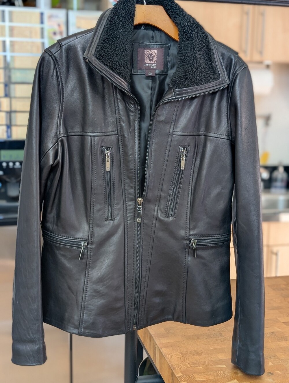 Black Faux-Shearling Collar Leather Jacket